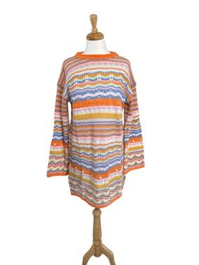 Colorful Striped Crochet Knit Sweater Dress - Orange Accent